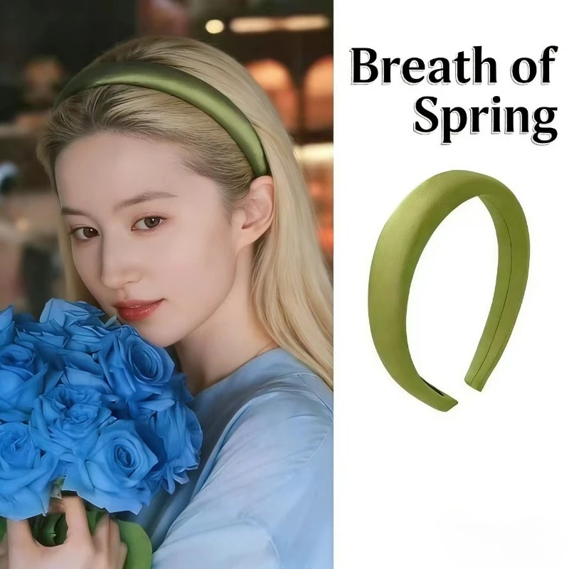 3 cm breites Schwamm-Haarband für Mädchen, Frühling/Sommer, Satin, grün, einfarbig, Stirnband, Frucht-Farben, Diademas, Haarbänder für Damen, Kopfband – Detail 1