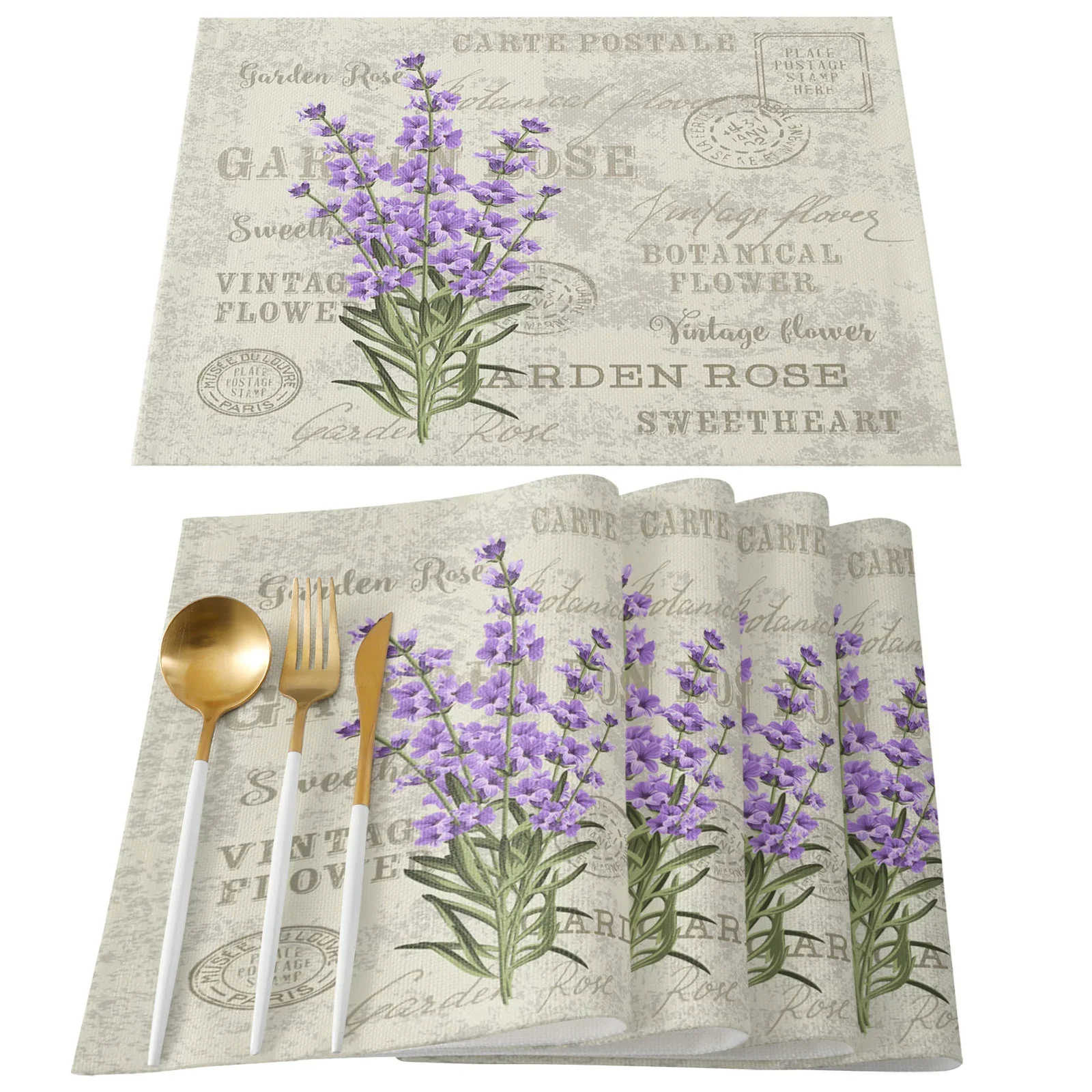 4PCS Lavender Purple Flowers Leaves Retro Dining Table Mat Heat Insulation Pot Holder Coasters Coffee Drink Tea Cup Placemats