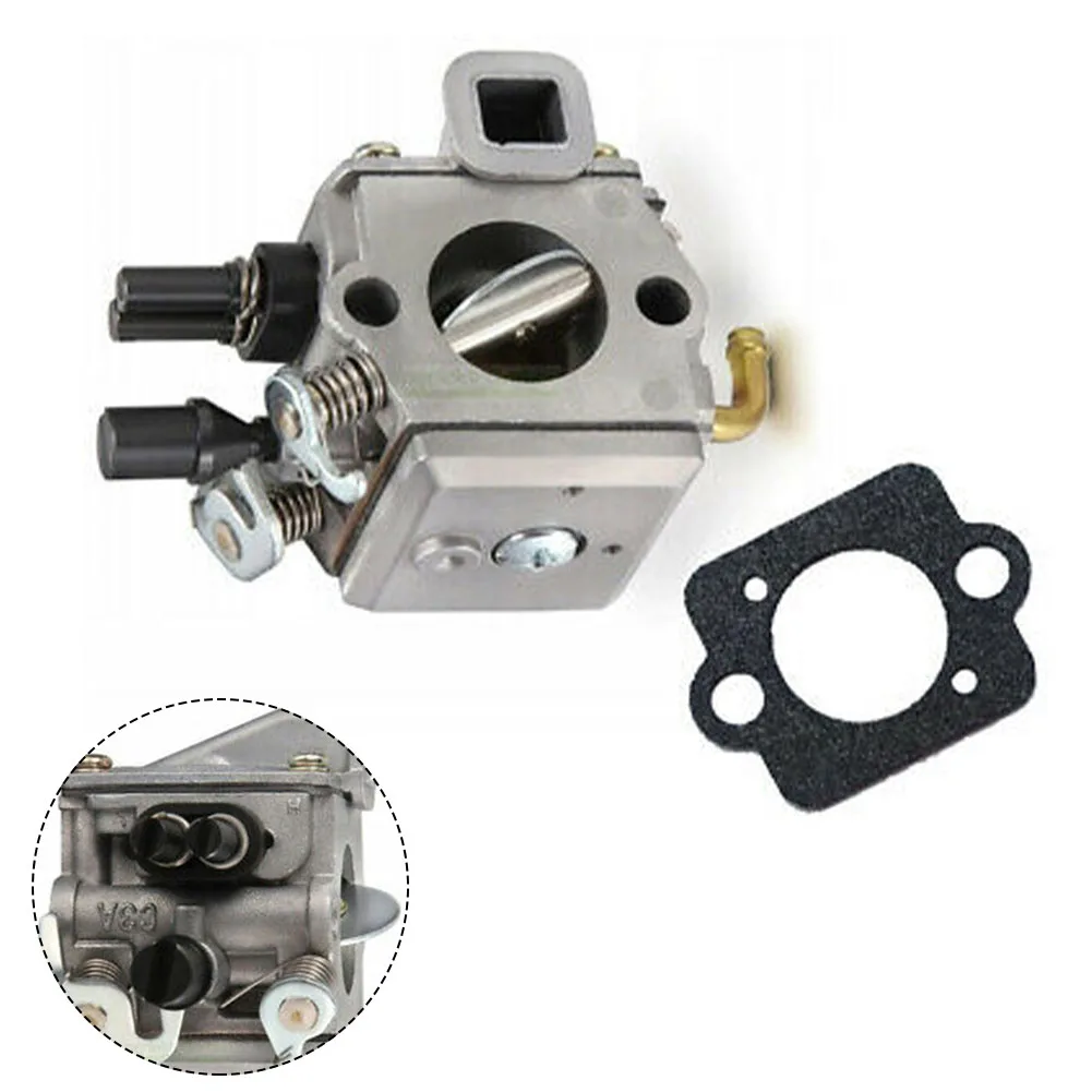 Cylindrical Metal Carburetor Designed to Fit Several Popular Chainsaw Variants Including the Model Series Listed