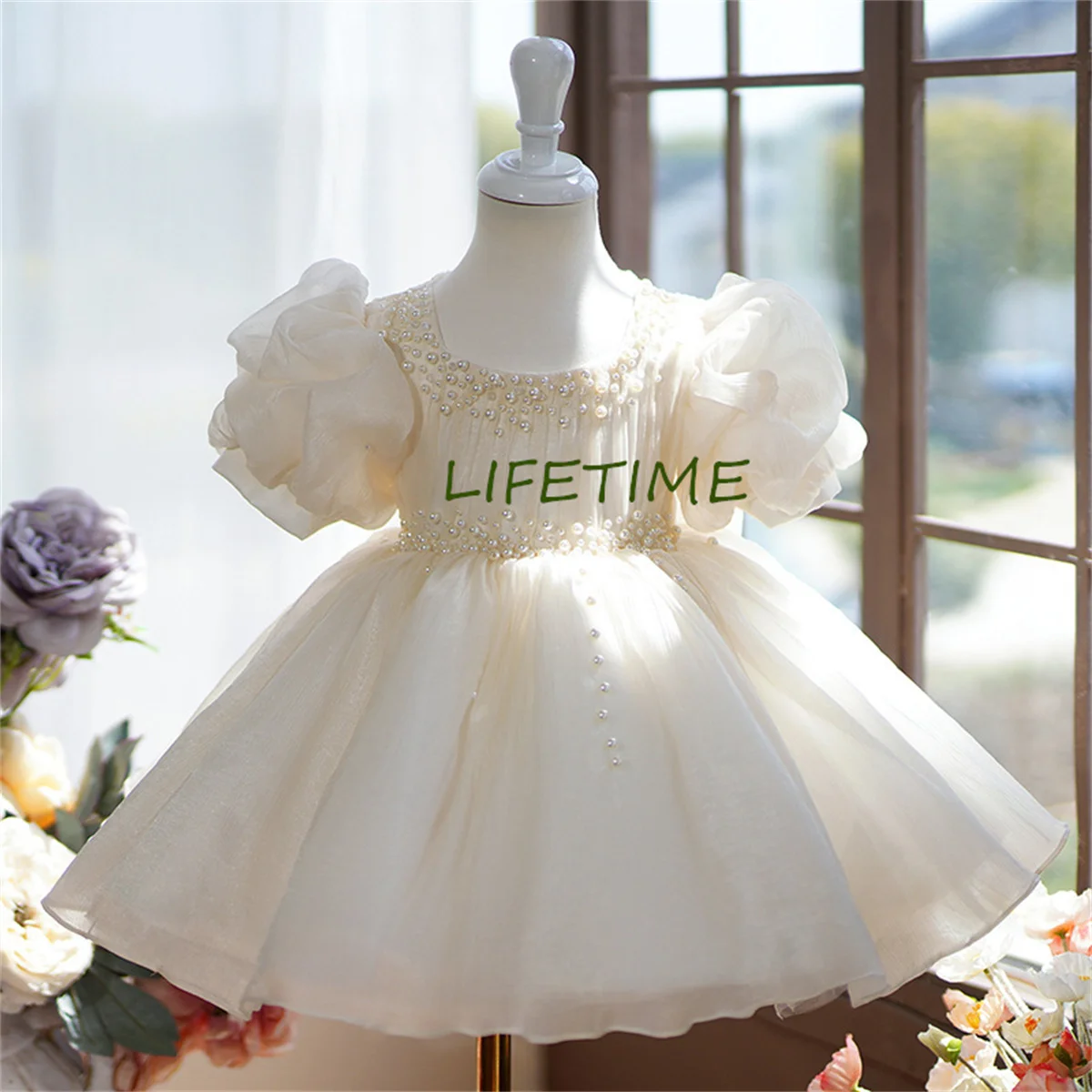 

Luxury Pageant Flower Girls Dresses For Wedding 3D Floral Lace Appliques Brithday Party Kids Formal Wear Toddler