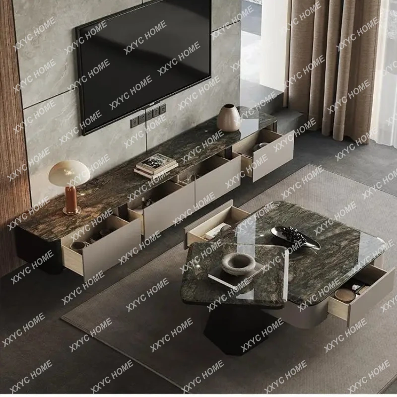 LLuxury stone coffee table combination  light luxury high-end natural marble TV cabinet with drawer