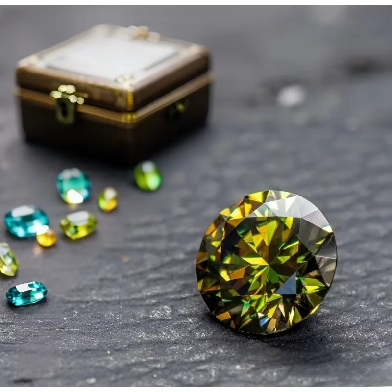 Moissanite Olive Color Round Cut Gemstones Lab Grown gemstone Diy Charms Making Jewelry with Certificate
