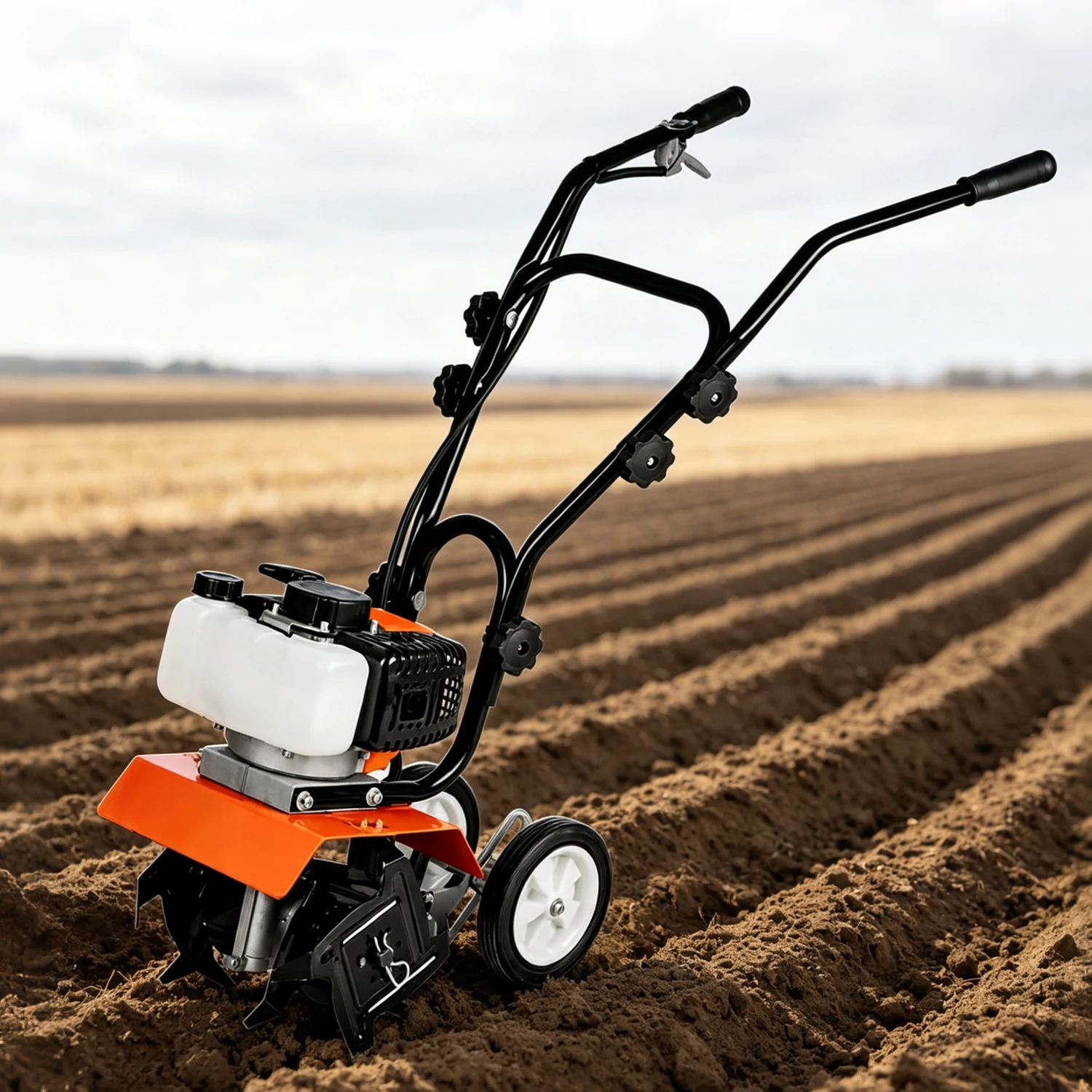 52CC Gas Garden Tiller Cultivator, 4 Tine Soil Rototiller With Adjustable Depth, 11.8in Width, Wheels For Lawn Field Flower Bed