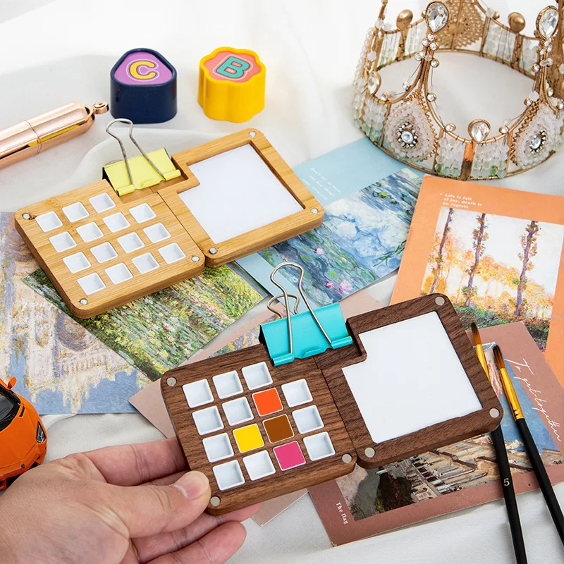 8/15 Grid Portable Sketchbook Palette, Mini Walnut Wood Color Palette Box Travel Watercolor Case For Drawing,(Without Colors)