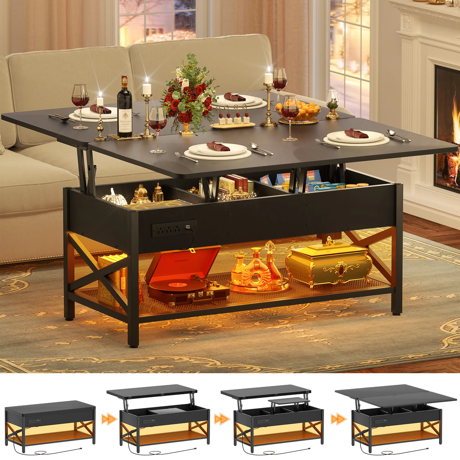 Aheaplus Coffee Table Lift Top Multi-Function Coffee Table Converts to Dining Table, with LED Light and Power Outlet, Center Table with Shelves for Living Room Reception Home Office