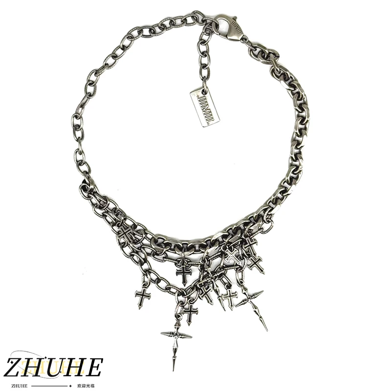 Retro Silver Cross Cluster Necklace Multi-Chain Layered Choker Gothic Punk Jewelry for Women and Men