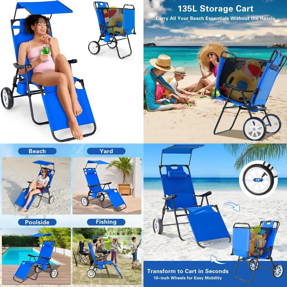 

Folding Beach Lounge Chair with Wheels, Outdoor Tanning Chair and Cargo Cart for Beach, Pool, Picnic, Sunbathing Adventures