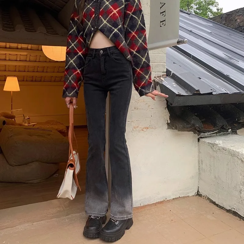 

High Waist Bell Bottom Jeans Women's Gradient Color Slimming Design Spring Autumn 2024 New Style plus Size Denim Pants