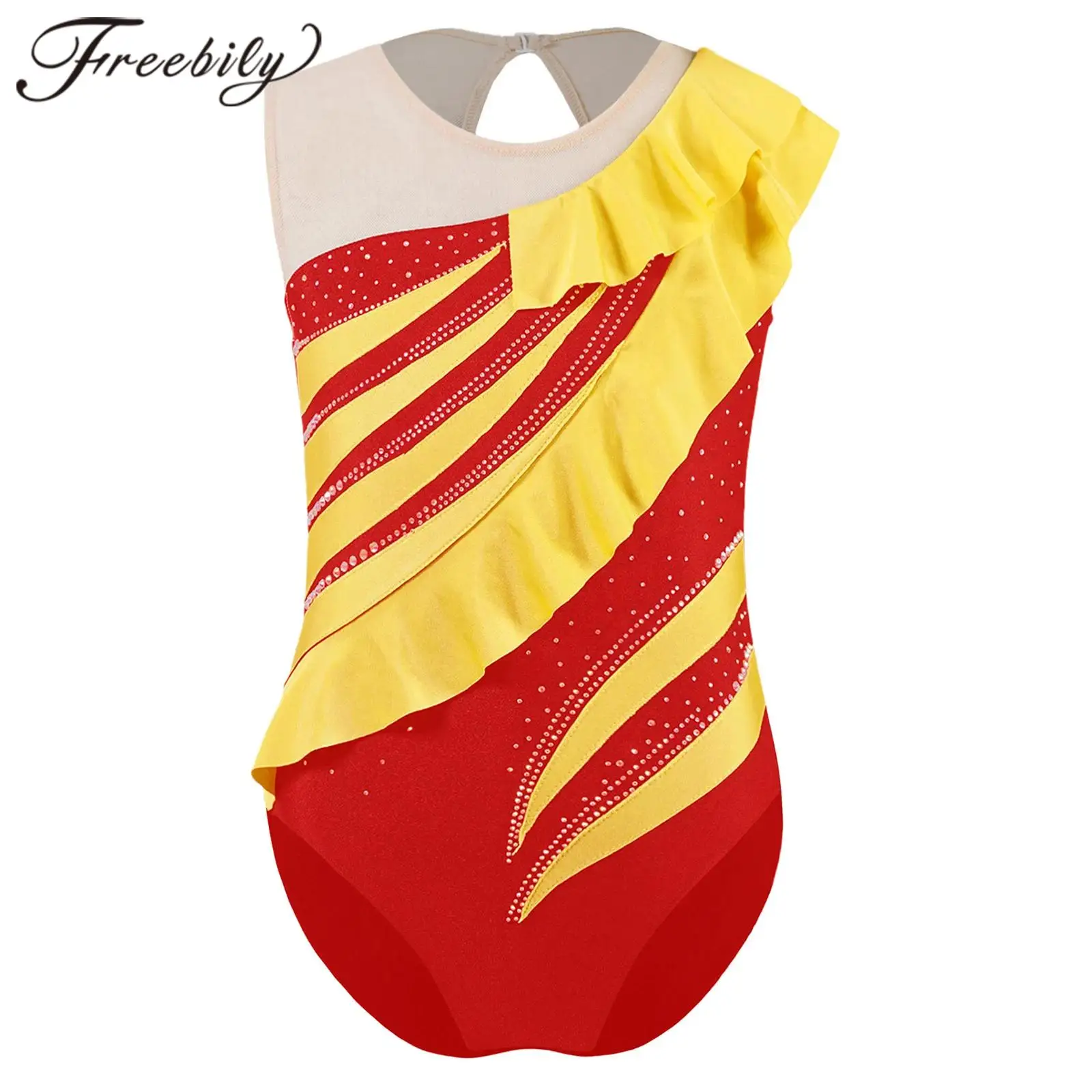 Kids Girls Dance Gymnastics Jumpsuit Performance Leotard Sleeveless Contrast Color Patchwork Ruffles Shiny Rhinestones Bodysuit