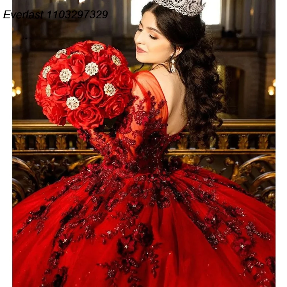 EVLAST Customized Quinceanera Dress Ball Gown Long Sleeve Sequin Beaded Corset Mexican Sweet 16 Dress Vestidos De 15 Años TQD845