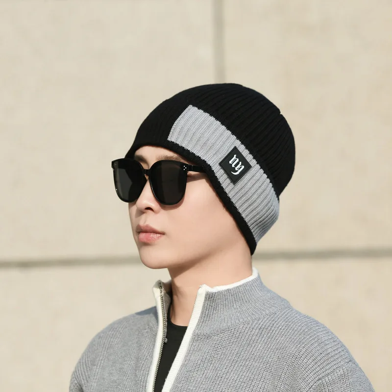 Letter Color Block Men s New Winter Warm Windproof European And American Outdoor Cycling Knitted Cold Hat