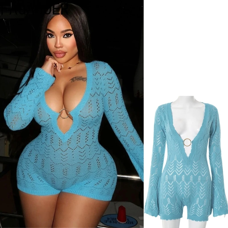 

FAGADOER Sexy Knit Bodycon Rompers Women Solid Color See Through Long Sleeves Deep V-neck Jumpsuits Female Streetwear Overalls