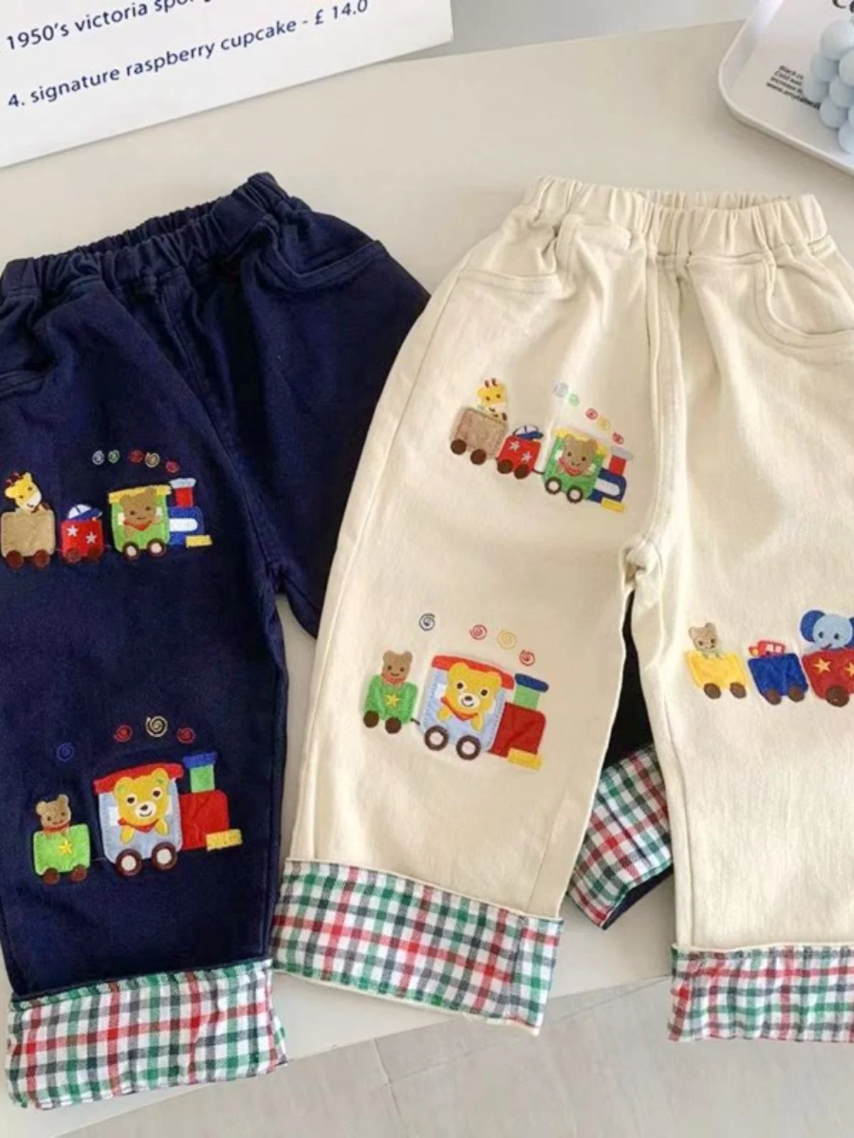 Casual Cotton Polyester Blend Pants for Boys with Embroidered Train Design Cuffed Loose Fit Spring Autumn Seasonal Wear