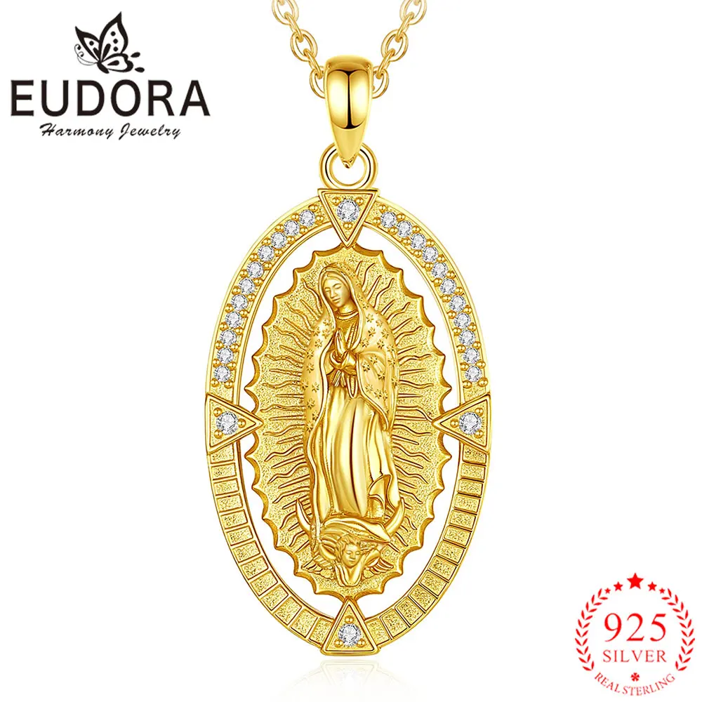 Eudora 925 Sterling Silver Virgin Mary Necklace Zircon Mother of God Medal Pendant Amulet Religion Jewelry Fine Gift for Woman