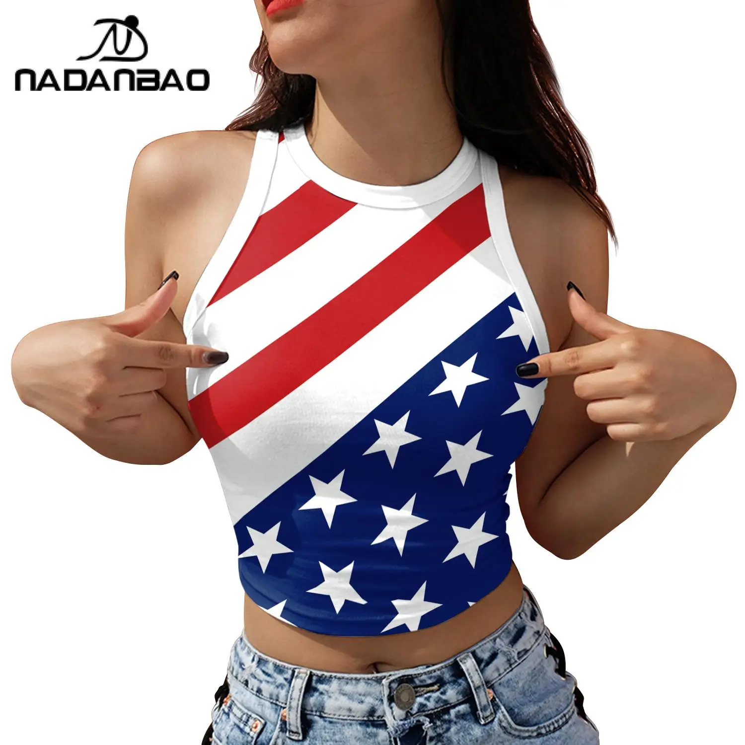 NADANBAO Women's sexy American Flag Crop Top USA Patriotic 4th of July Soft Summer Sleeveless USA Flag Crop Tank Tops for Women