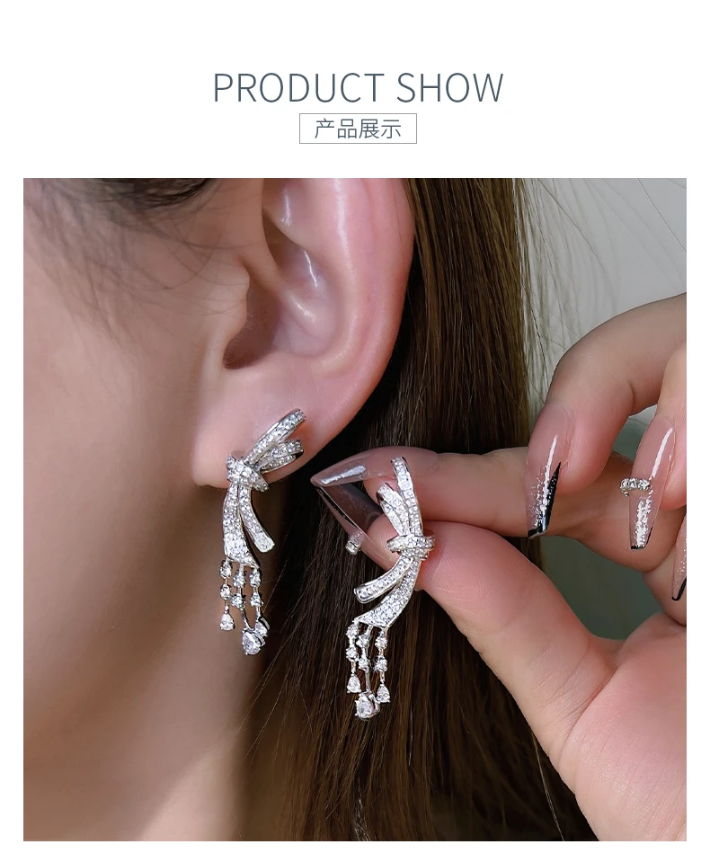 New bow earrings 925 sterling silver inlaid with high carbon diamond light luxury earrings, versatile and niche wedding jewelry