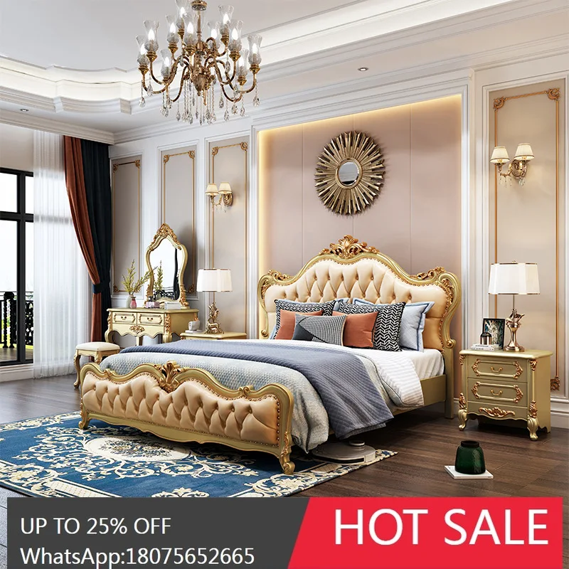 

SGF European Style double Bed Master Bedroom Solid Wood Leather Luxury Wedding Bed