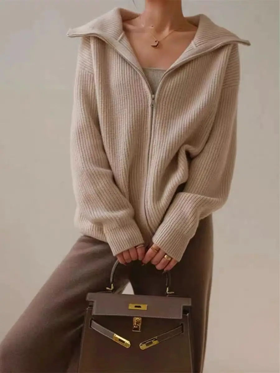 

Women's 100% Merino Wool Sweater Cardigans Autumn-winter Lazy Loose Thick Clothes stand-up collar zipper American Retro Tops