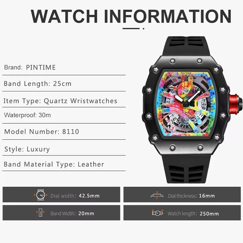 Luxury Watch Men Wrist Watches Tonneau Multifunction Graffiti Dial Auto Date Waterproof Sports Casual Clock Men Quartz Watches view 5