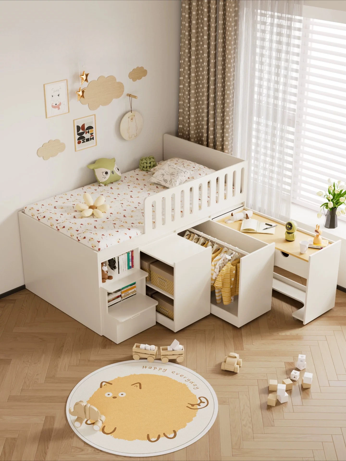 Half-height bed, bed, lower cabinet, cream wind pullable wardrobe, desk, cat cabinet, multi-function bed, storage wardrobe bed