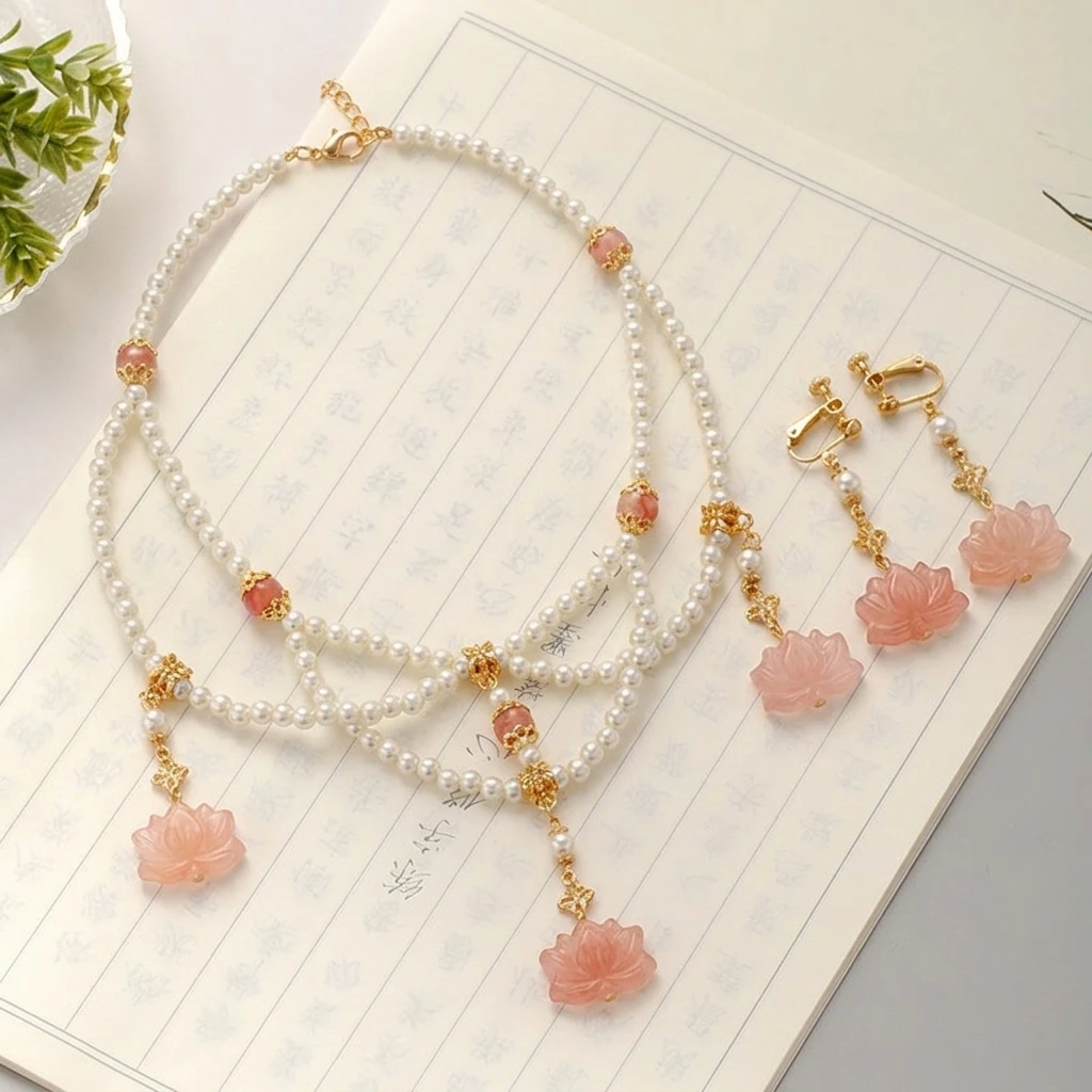 Generic Women Hanfu Glazed Glass Faux Pearl Tassel Necklace Traditional Chinese Style Soft Yingluo Choker Pendant Jewelry for