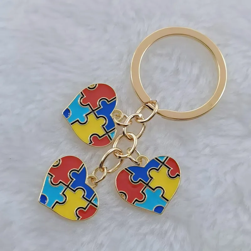 New Autism Awareness Enamel Keychains For Children Gifts Round  Heart Ribbon Red Puzzle Alloy Pendant Keyring Love Theme Jewelry