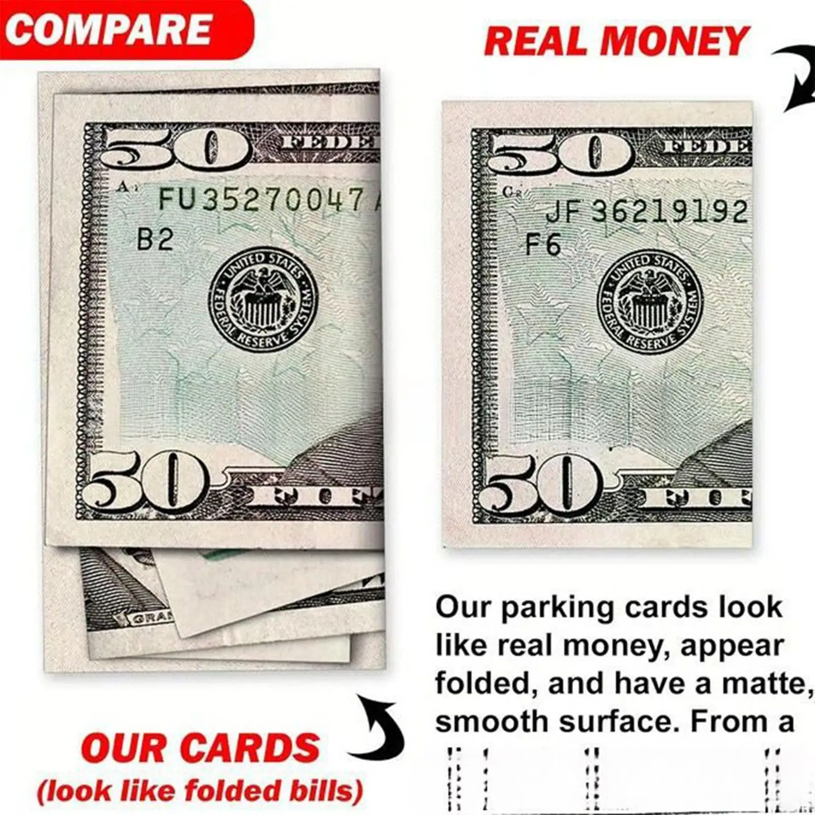 Carte di scherzo di parcheggio Bad Parkers 50 Dollar Bill Scherzo di parcheggio 50 pezzi Puntelli di scherzo di bavaglio di carta realistici resistenti allo sbiadimento