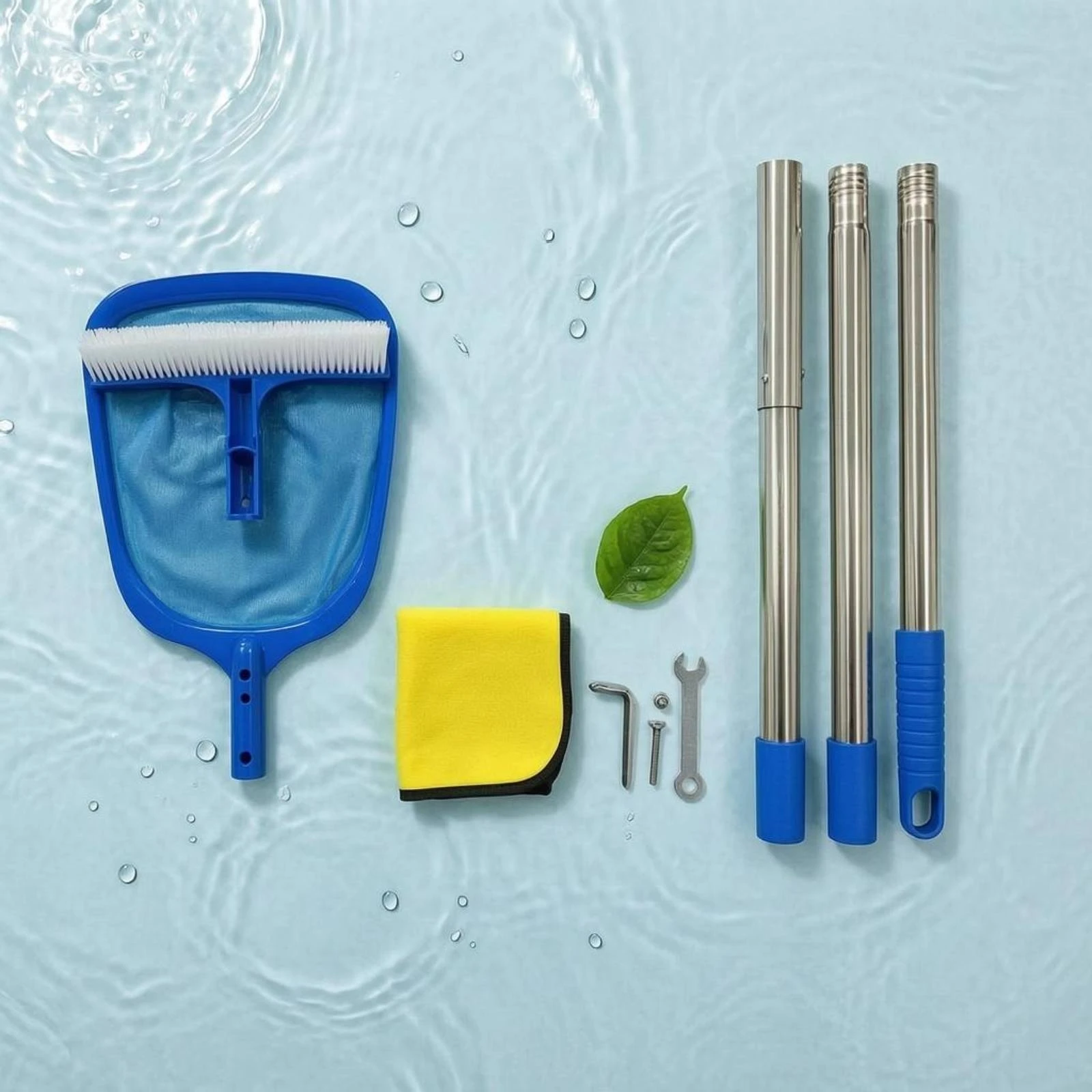 

Pool Brush and Net Set Fine Mesh Pool Cleaning Kit Debris Remover Blue Handle Assembly Tools