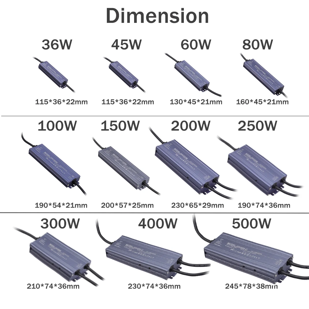 Zasilacz impulsowy AC 170 V-265 V do DC 12 V 24 V 36 W 200 W 400 W 500 W Zewnętrzny transformator światła LED IP67 Wodoodporny