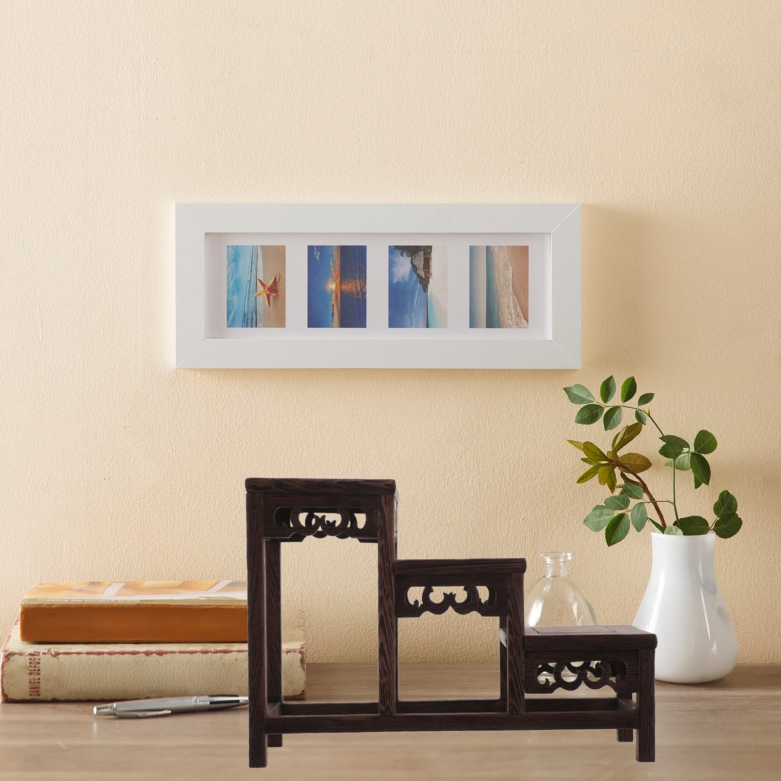 

Wood Display Stand Intricate Carved Detailing Multi-Layer Shelf for Living Room Office Display Collectibles Organizer Rack