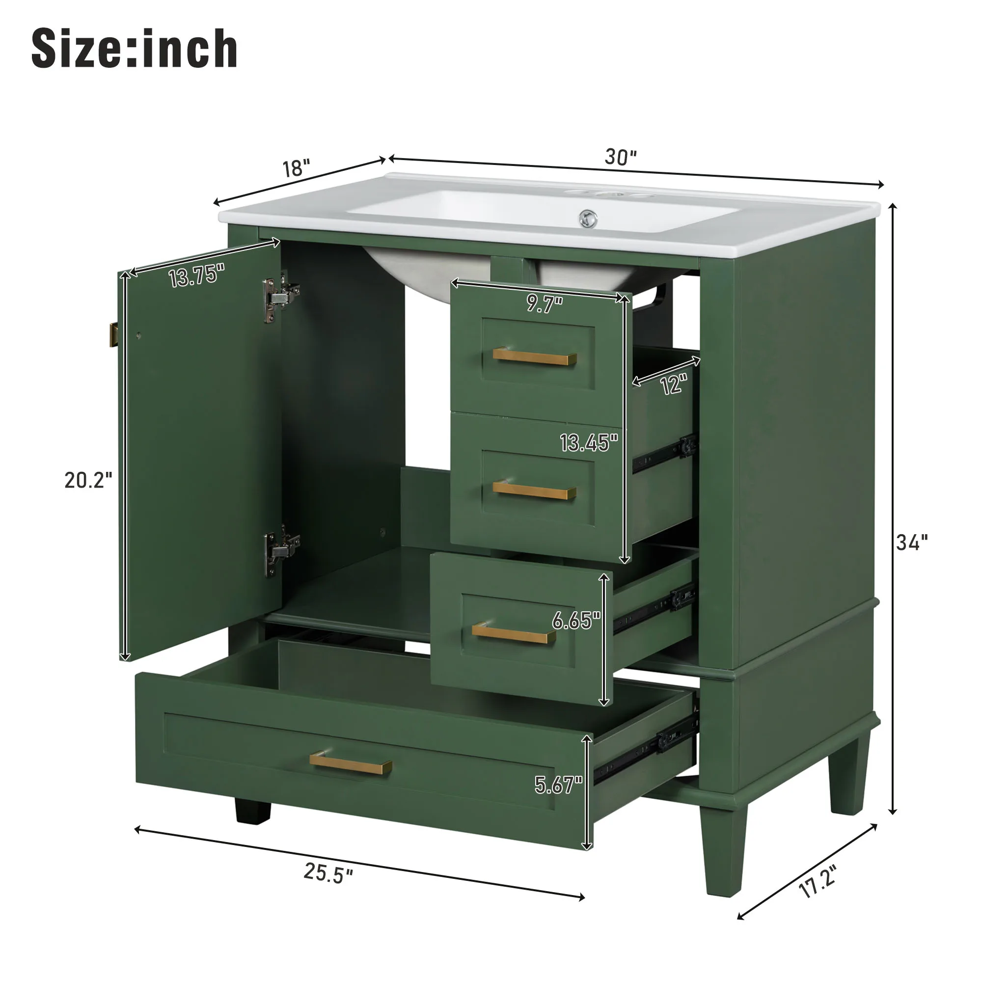 Bathroom Vanity in Green Cabinet with Sink Combo Set Bathroom Storage Cabinet with a Soft Closing Door and 3 Drawers