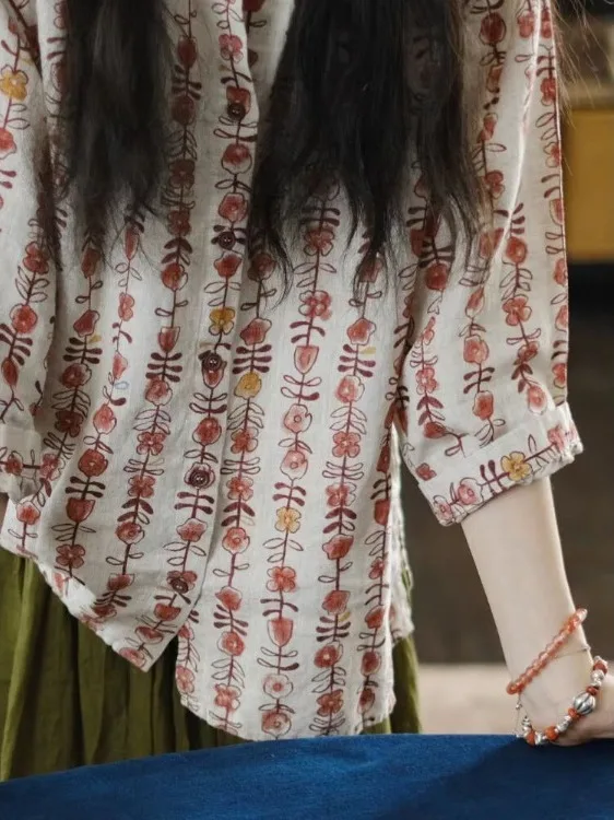 

Retro Loose Cotton Linen irt Women's 3/4 Sve Printed Casual Versatile Summer Faionable irt Forest System Sle