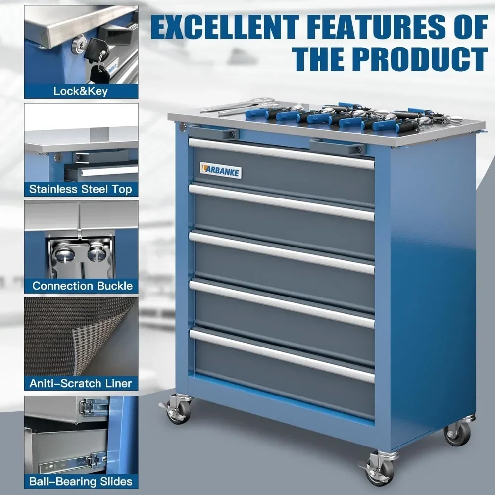 

5-Drawer Rolling Tool Chest: Mobile Cabinet with Wheels, Foot Pads & Safety Lock - Stainless Steel Top​