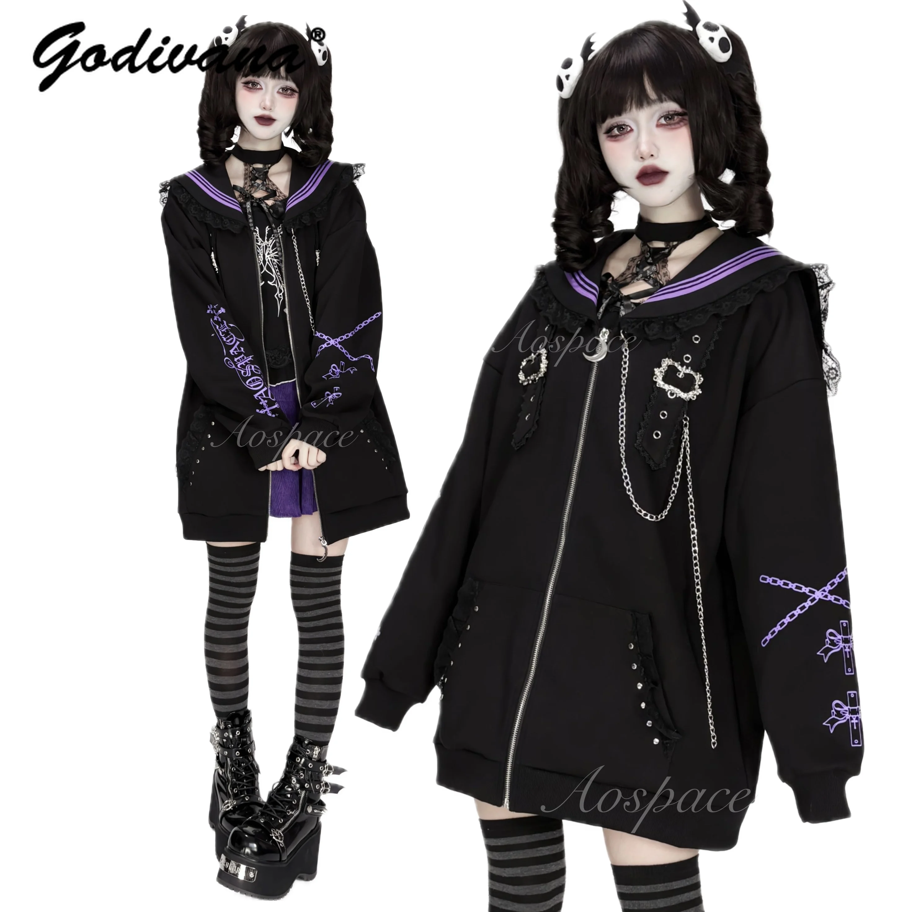 2025 New Spring and Autumn Subculture Goth Printed Sailor Collar Oversized Jackets Women's Dark Style Loose Zipper Hoodie Coat