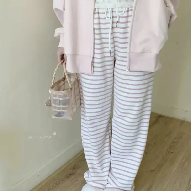 

Y2k розовые полосатые тонкие широкие брюки для женщин весна-лето универсальные брюки с высокой талией прямые свободные повседневные брюки