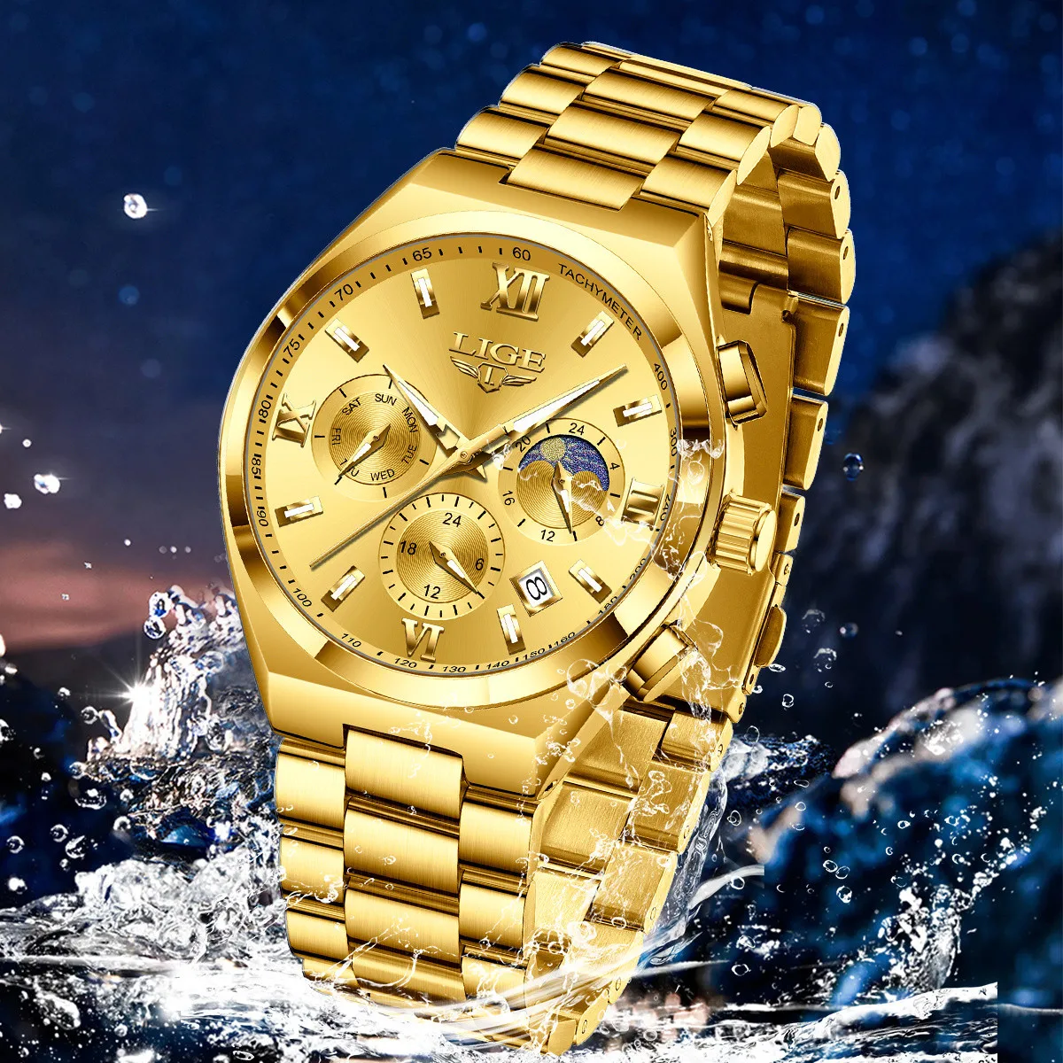 LIGE Luxury Man Watch Waterproof Calendar Business Quartz Wristwatch Fashion Moon Phase Gold Stainless Steel Men Watches Clock