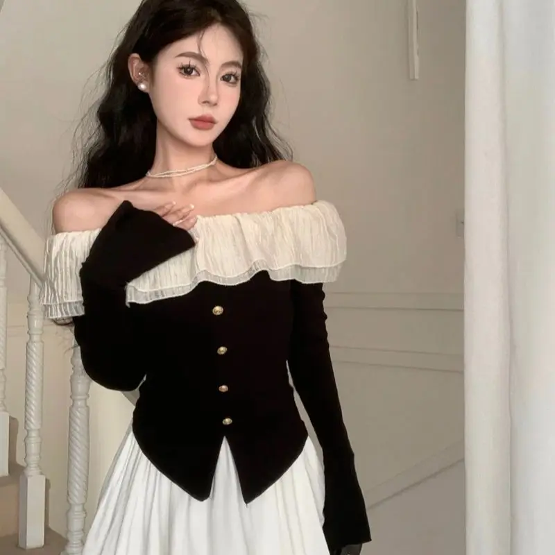 French Ruffled Boat Neck Color Blocked Long Sleeved T-shirt Spring Summer Off Shoulder Slim Fit Stretch Tees Women Tops