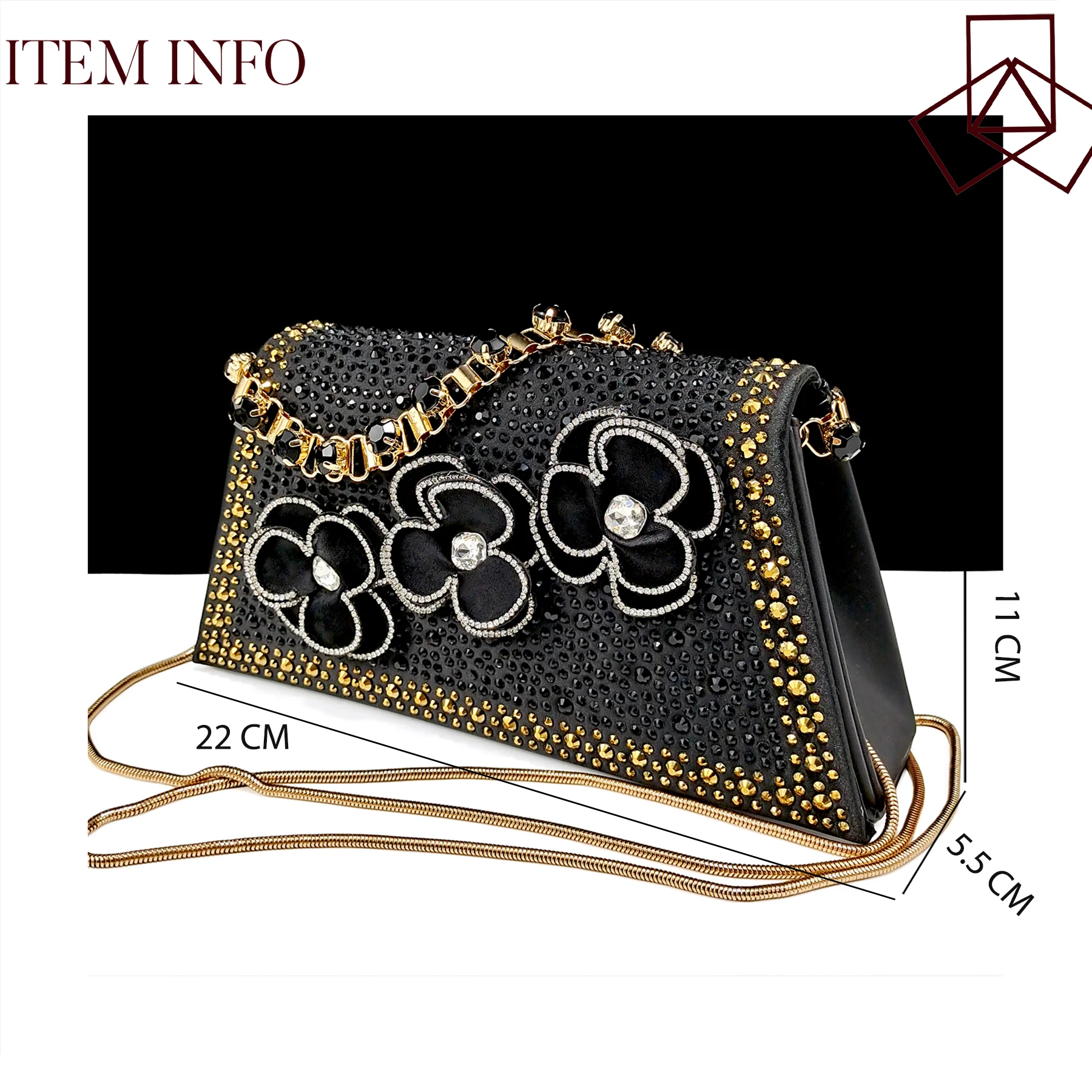 QSGFC Women Heels Elegant Flower Decoration Pure Black Color Small Size Shoes And Bag Full Rhinestone Wedding Handbag