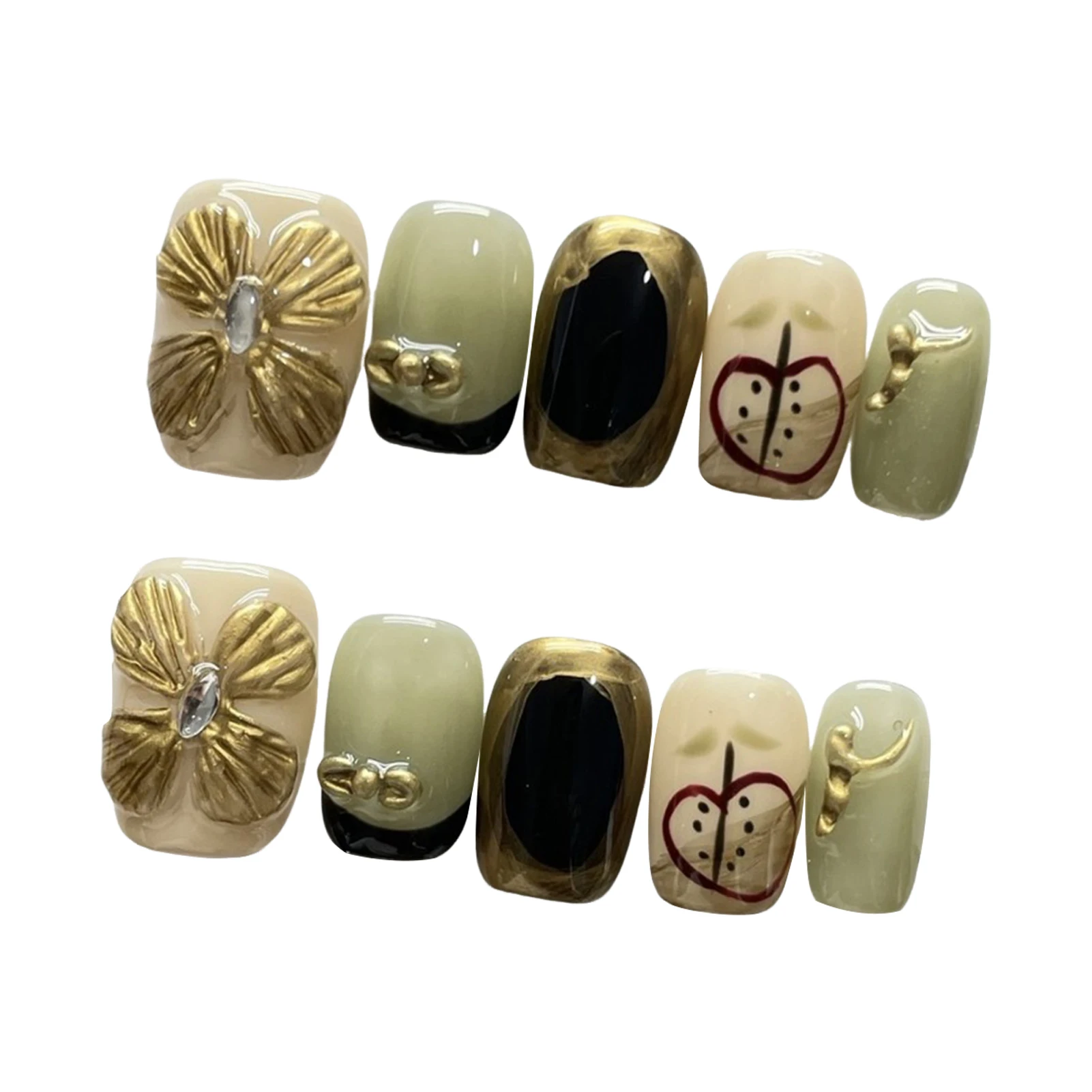 Faux ongles carrés courts avec fleur dorée 3D, à pression, faits à la main, pour femmes, fête de mariage, DIY, 10 pièces