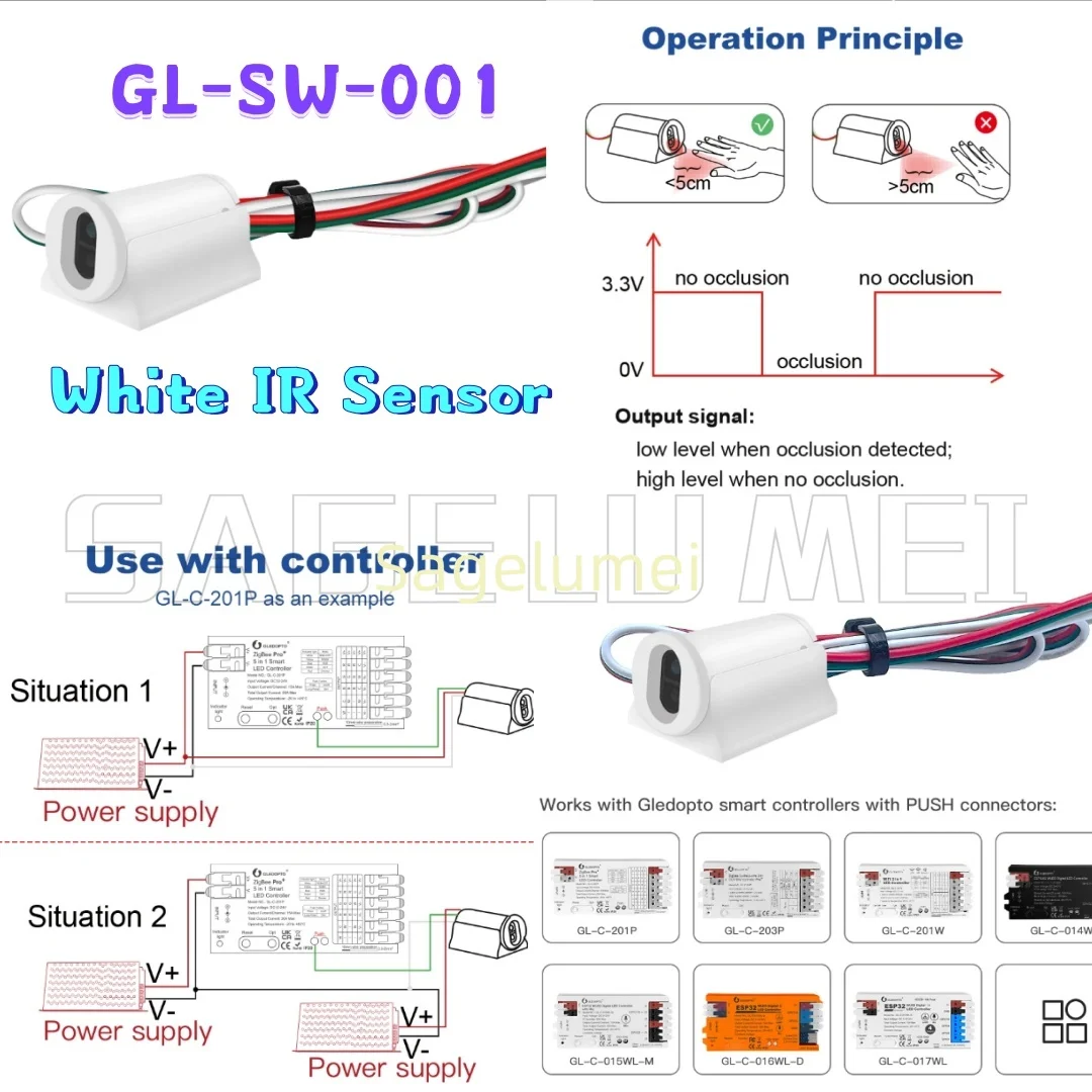 LED Controller GL-SW-001 Mini White Shell IR Sensor Auto On/Off Gesture Control for WLED/ZigBee Cabinet Light Instant Response