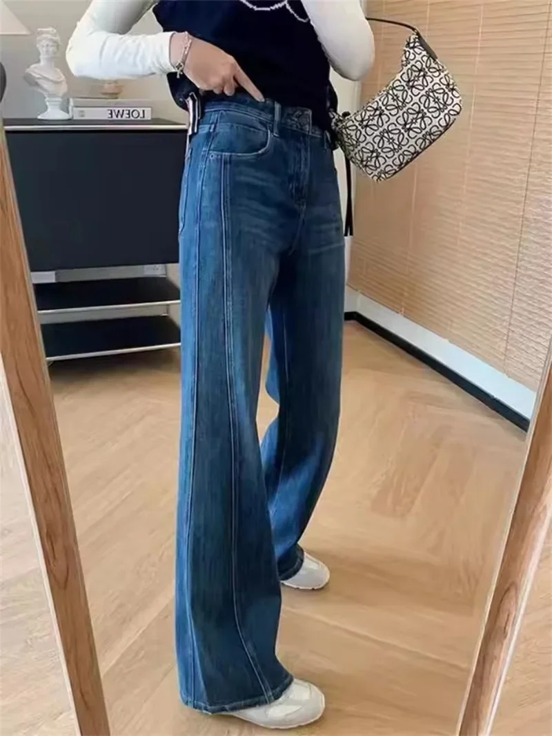 

Pop Women's Spring Blue Elastic Straight Leg Denim Jeans 2025 New Elastic Loose Slim Bell Bottoms Casual Trousers Female