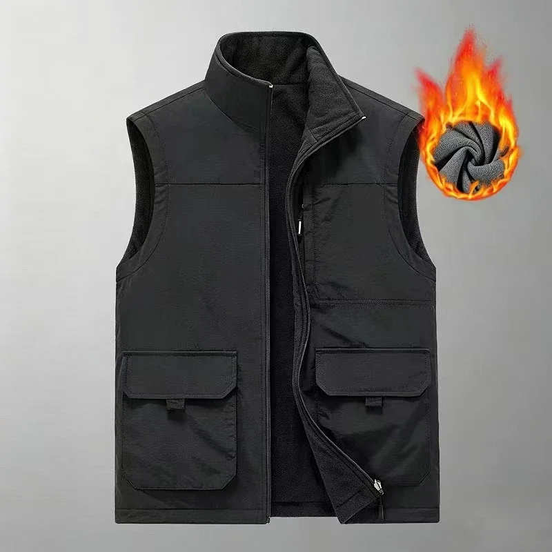 Men Stand Collar Reversible Fleece Vest Multi Pocket Outdoor Workwear Sleeveless Gilet Plus Size Waistcoat