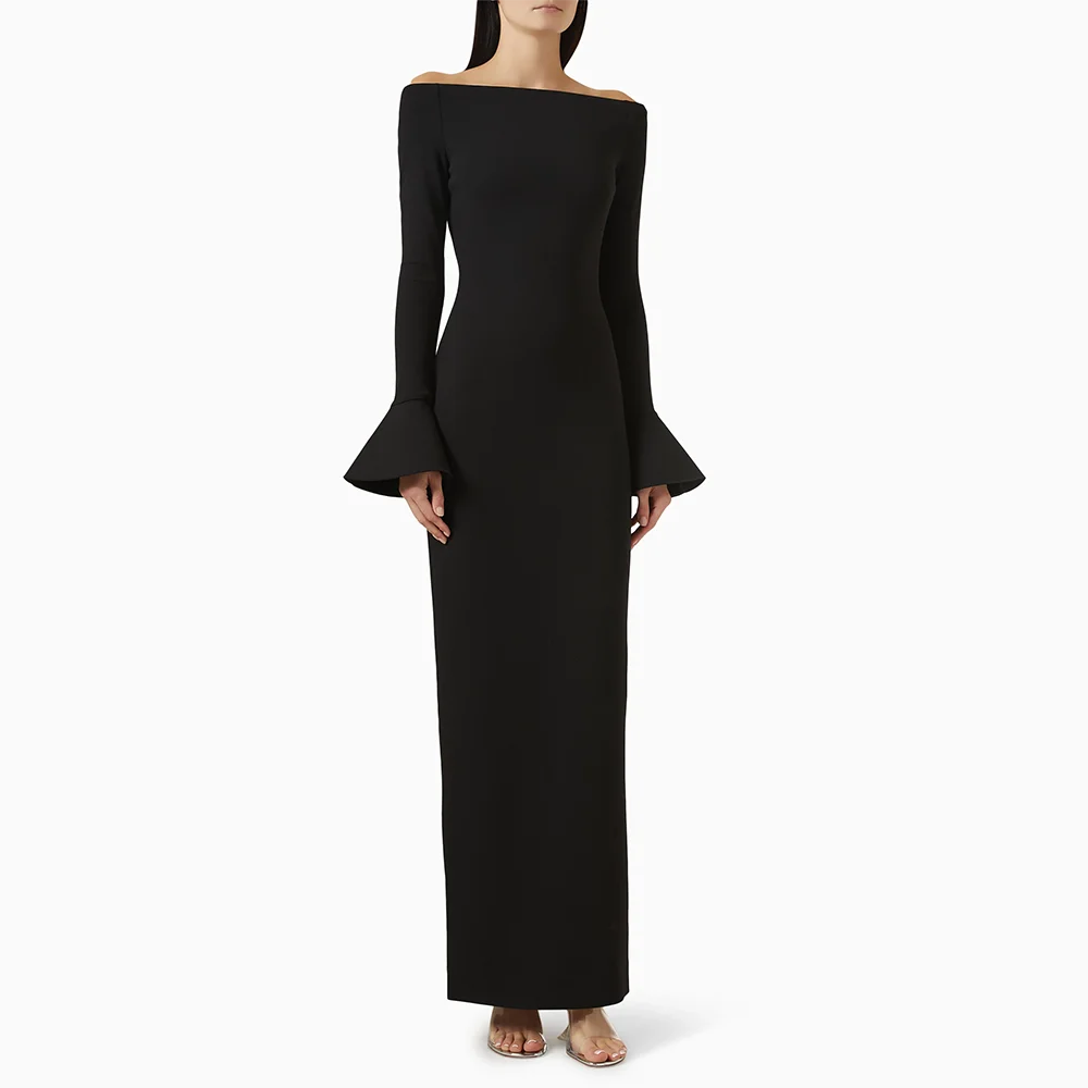 

Simple Boat Neck Evening Dress Customized Black Long Sleeves Ankle Length Prom Gown Straight Elegant Formal Party Dress
