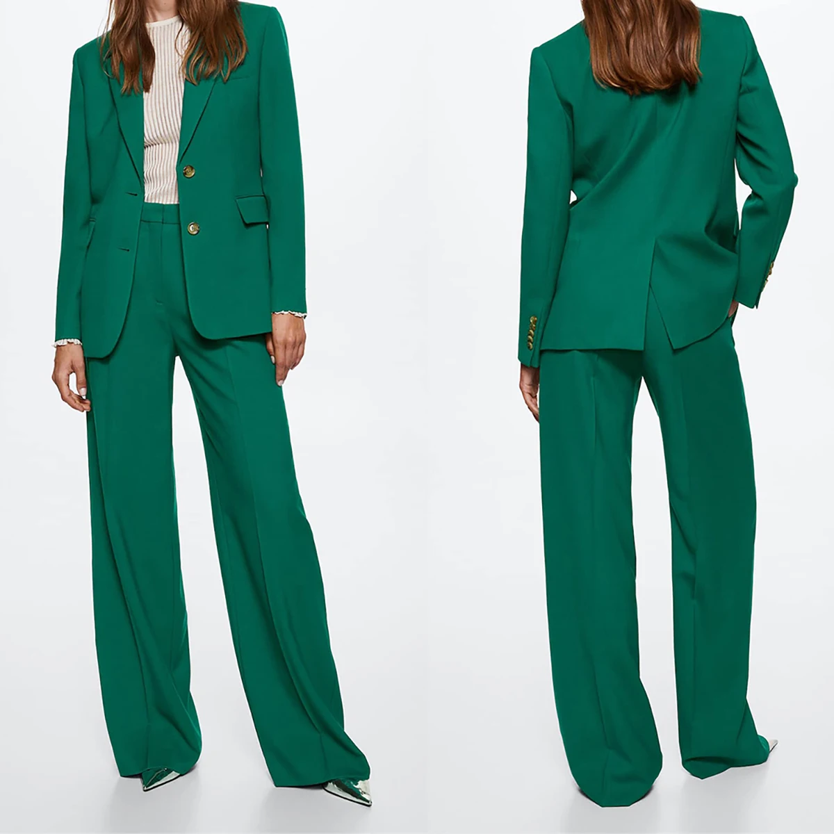 

Street Style Women Pants Suits Loose Leisure Green Wedding Tuxedos Prom Evening Party Wide Leg Wear 2 Pieces