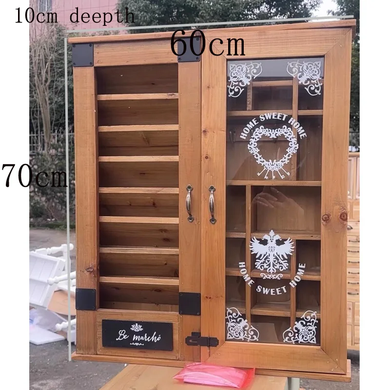 

Rustic Wooden Wall Cabinet with Glass Door, Home Sweet Home Design, Multi-Compartment Storage Organizer