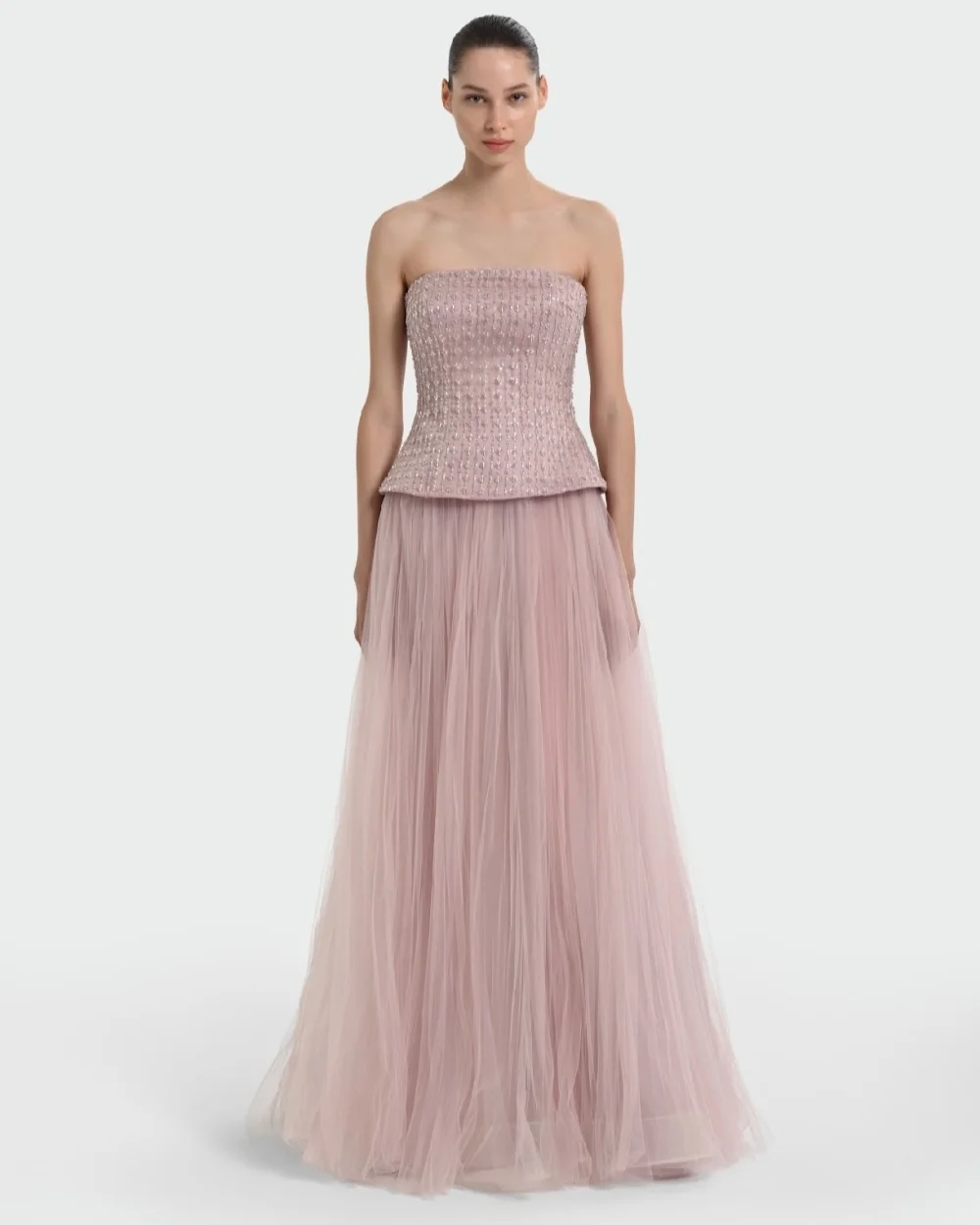 

Customized Modern Style Women Tulle Rhinestone Ruched A-Line Evening Dresses Formal Strapless Strapless Floor Lenght Party Gowns