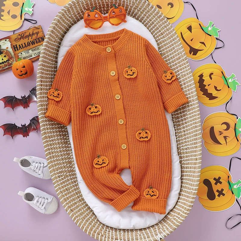 

0-18m Infant Halloween Outfits Winter Casual Long Sleeve Knit Newborn Boys Girls Orange Pumpkin Romper Clothes Children Playsuit