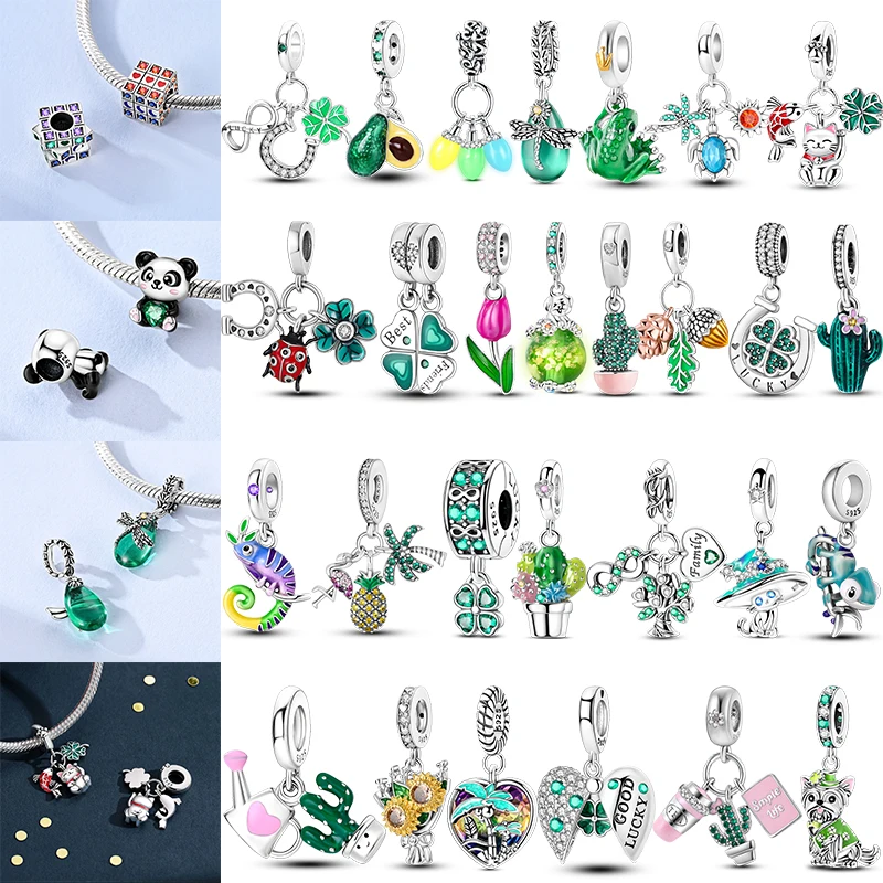

New 925 Sterling Silver Cactus Four Leaf Clover Charm Spring Green Series Bead Pendant For Original Beads Bracelet DIY Jewelry