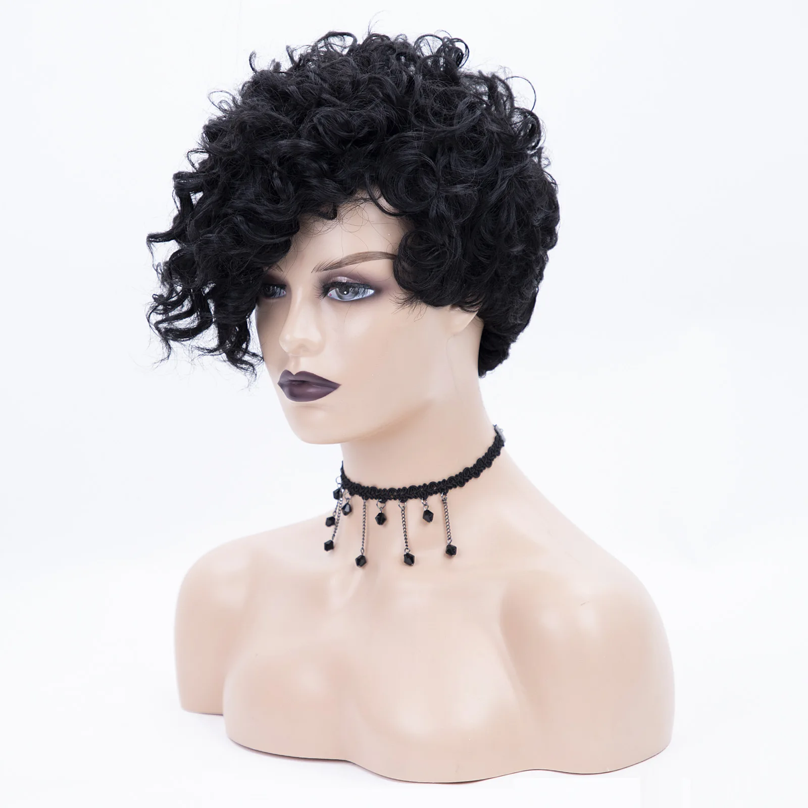 Pelucas negras sintéticas rizadas cortas para mujeres, Bob Pixie, Afro Kinky, brasileño con flequillo lateral, Cosplay, uso diario, cabello falso