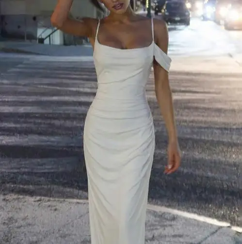 

New Women's Fashion Sexy Backless Side Pleated Suspender Dress Temperament Summer Female Clothing High Waist Slimming Dresses
